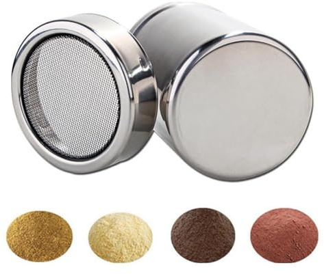 Spargitore per Farina a Maglia fine, spargitore in Polvere con Coperchio, colino in Acciaio, spargitore per Zucchero a Velo, agitatore, colino per Polvere di glassa, spargitore per Cioccolato
