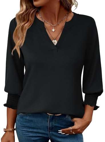 Rapbin Chemisier femme manches 3/4 manches longues col en V tunique tops d'été ample chemise élégant décontracté haut chemisiers 2026, Noir , XXL