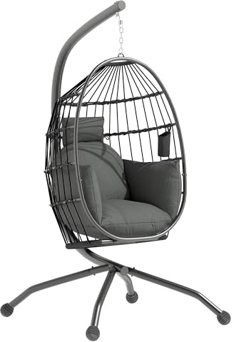 Outsunny Poltrona Sospesa a Uovo con Gancio Regolabile, 2 Cuscini Lavabili e Portabicchieri, Sedia a Dondolo da Giardino Pieghevole, Base a X in Acciaio, per Interni ed Esterni, 120x88x192 cm, Nero