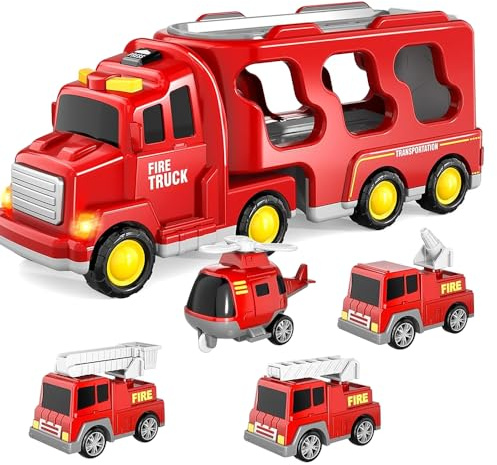 YANGUN Camión Bomberos Juguete, 5 en 1 Camion Transportador de Coches con 6 Coches Pequeños, Camiones de Juguetes Niños con Sonido y Luz, Regalos para Niños y Niñas
