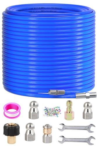 Sewer Jetter Kit for Pressure Washer 150FT, 5800 PSI Water Jet Drain Cleaner Hose 1/4 Inch NPT Corner, Rotating and Button Sewer Jetting Nozzles, Waterproof Tape, Spanners, and Pearl Corsage Pin