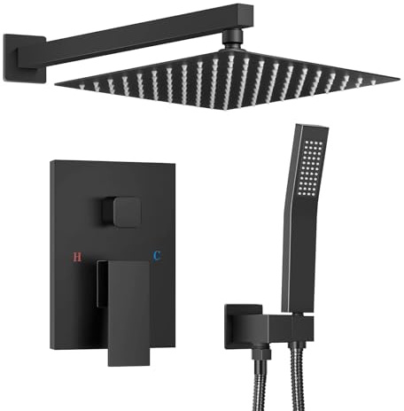 Juego de grifo de ducha empotrado, color negro, con alcachofa de ducha, temperatura ajustable, cabezal de ducha rectangular, cuerpo de válvula, juego de montaje en pared