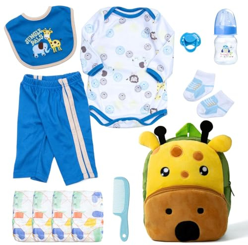 12 Pcs Reborn Baby Doll Clothes Set for 17-22 Inch Babydolls, Deer Reborn Baby Doll Accessories with Plush-Finish Backpack, Deer Bibs