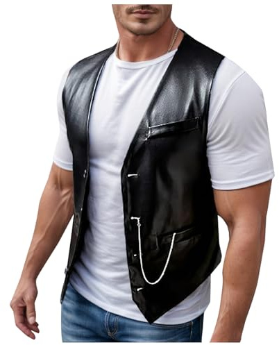Chaleco de cuero para hombre, cuello en V, vintage, de piel, chaqueta para moto, corte ajustado, chaleco de carreras, chalecos de cuero, negro, clásico, para motociclista, para moto, chaleco de club