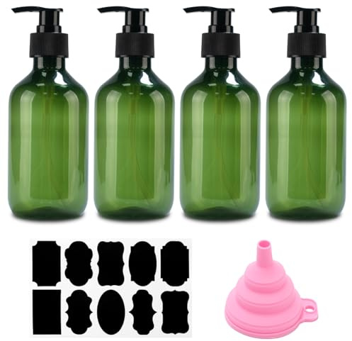 4 stycken tvåldispensrar, 300 ml schampoflaskor för fyllning, duschgeldispenser, pumpdispenser, påfyllningsbara pumpflaskor, tomma schampoflaskor för dusch, lotioner, schampo + tratt och etikett (grön