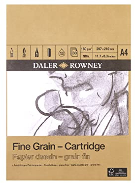 Daler-Rowney Zeichenpapier, feine Körnung, leicht strukturiert, 160 g/m², A4, einseitig geklebt, säurefrei, 30 weiße Blätter, ideal für professionelle Künstler