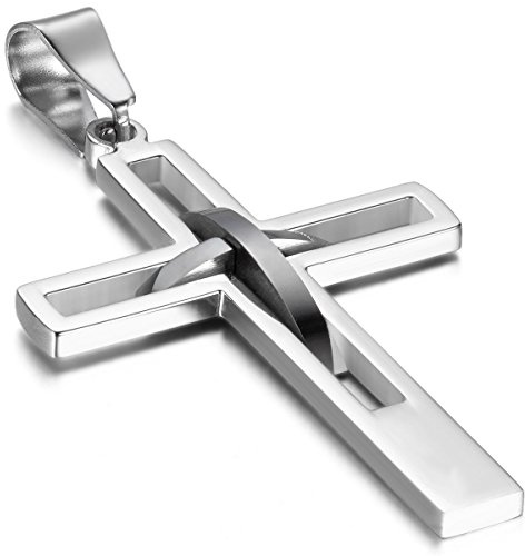 OIDEA Stainless Steel Mens High Polish Hollow Openwork Cross Pendant Necklace for Men Women Teens, Hypoallergenic, Silver