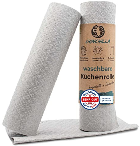 Chinchilla Rotolo da cucina lavabile, Confezione da 12 panni in spugna in legno di cellulosa, Salviette multiuso sostenibili in casa, Strofinacci da cucina riutilizzabili grigi