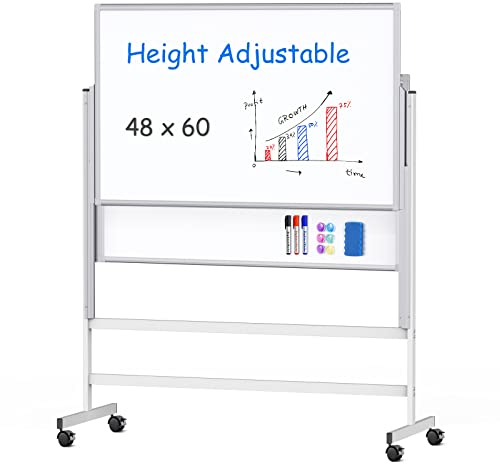 maxtek Dry Erase Whiteboard Height Adjustable, Easel Stand Rolling White Board on Wheels - 48 x 60 Large Mobile Dry Erase Board, 4' x 5' Double Sided Magnetic Whiteboard for School Office Home