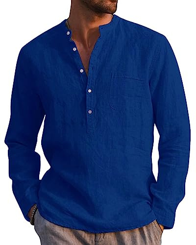 LVCBL Camisa de verano estilo Henley de manga larga para hombre, camisa de lino, corte regular, camisas para hombre, azul oscuro, XXXL