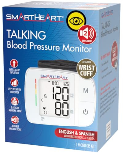 SmartHeart Blood Pressure Monitor | Adult Wrist Cuff | Audible English Spanish Instructions and Results for Visually Impaired | 2-Person Memory |