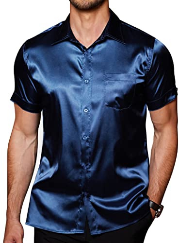 Coofandy Camicie da Uomo in Raso Jacquard con Bottoni in Seta a Maniche Corte Camicie da Spiaggia estive Casual, Navy Blue-Pure, XL