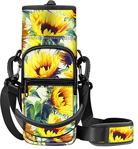 CASEBOT Bolsa de Transporte para Botella de Agua con Correa Ajustable y 2 Bolsillos para Hombre y Mujer para Senderismo, Camping, Viajes, Girasoles, Bolsa de Transporte para Botella de Agua