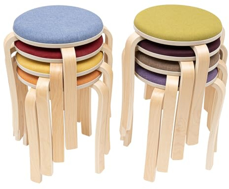 BILPIKOGoo 8 Pcs Solid Wood Stackable Round Stools, Kitchen Bar Stools Wood Step Stools Bentwood Stool Saddle-Seat for Kitchen Counter Barstool School Stools