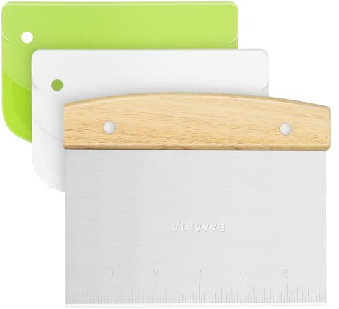 Vutyvve Teigschaber, 1 Holzgriff Edelstahl Teigschaber, 2 Kunststoff Gebäckschaber zum Schneiden von Pizza, Kuchen, Brot, 3-teiliges Set