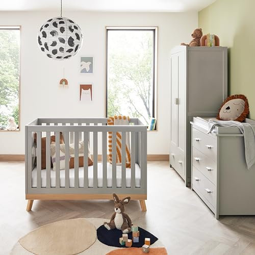 Babymore Mona Mini 3 Piece Nursery Room Set Grey - 1 Baby Cot Bed & One 2 Door Wardrobe Having Full Size Drawer & 1 Chest Changer, Chest Of Drawer Storage With Removable Changer Top | 3 Piece Set