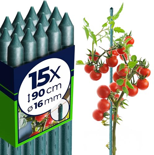 KADAX Blomstöd av stål 15 stycken, 90 cm x 16 mm belagd växtstång, växtspaljé, väderbeständigt växtstöd, tomatstavar, växtstöd med krokar