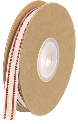 QUARKZMAN Natural Algodón Rayas Cinta 1cm x 9,1m Algodón Tela Cinta Rollo Natural con Cinta roja Grosgrain para Regalos Envoltura DIY Manualidades Lazos Fabricación Decoración