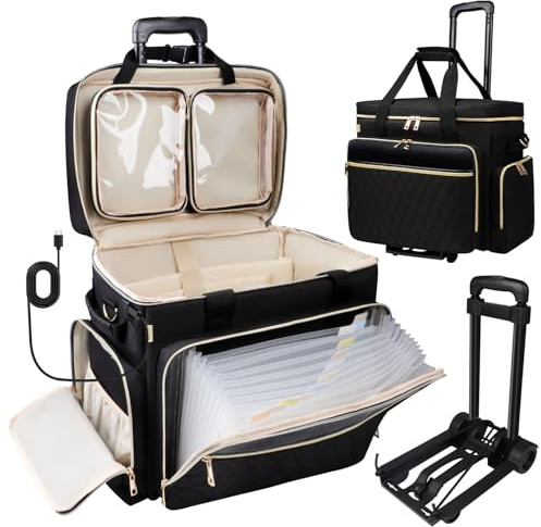 SIYNPAV Rolling Teacher Bag with Accordion File Organizer, USB Port& 15.6 Inch Laptop Compartment, Wheeled Tea Tote Bag with Detachable Trolley for Teaching& Office Supplies Storage (Black)