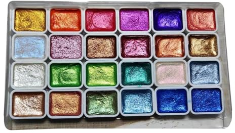 Juego de pintura de acuarela, 24 colores metálicos de acuarela, pinturas de acuarela profesionales, juego de pintura gouache portátil, caja de pintura sólida de acuarela para niños, adultos