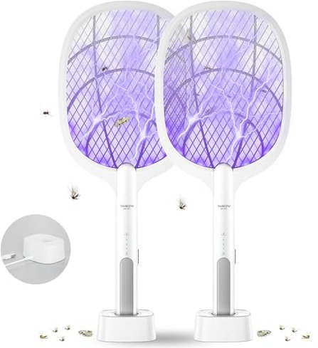 DANGZW Electric Fly Swatter, 4000V USB Rechargeable Fly Killer Bug Zapper Racket with Charging Base, Home and Outdoor Mosquito Killer with LED Light for Mosquitoes, Flies, Bees, Moths (White)