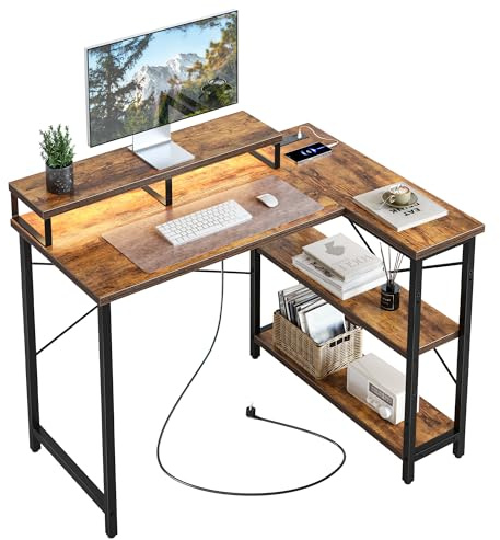 CubiCubi Bureau d'angle avec LED, Prises de Courant et Support d'Écran, 105.5 x 80 cm Bureau Gaming en L, Réversible, avec Étagère, pour Bureau à Domicile, Travail et Gaming, Marron Rustique
