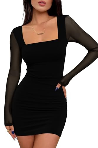 Cicy Bell Vestidos Bodycon para Mujer Sexy de Malla Manga Larga Minivestido Cuello Cuadrado Vestido de Fiesta Vestido de Club Vestido de Cóctel Ajuste Ceñido Vestido Lápiz, Negro , L