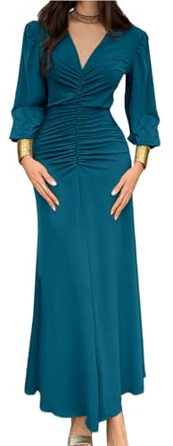 JENJON Mujer Vestido Maxi Manga Larga Cuello en V Túnica Cruzada Informal Elástico Cintura Alta Elegante Chic Otoño e Invierno