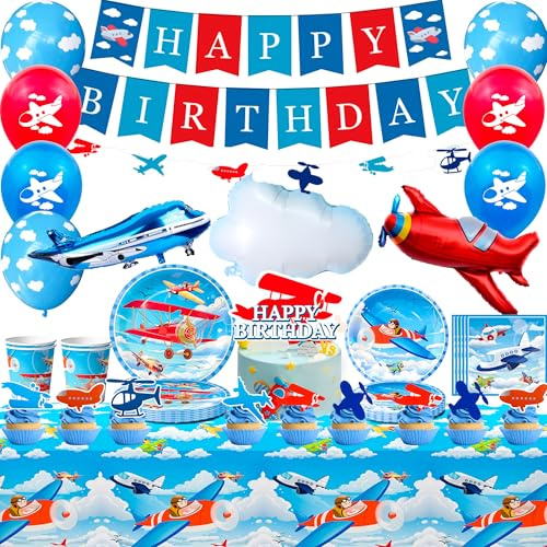 Forniture per Feste di Compleanno in Aereo,16 Ospite Kit di Stoviglie per Feste in Aereo & Decorazioni - Piatti Piani Banner Tovaglie etc Forniture per Feste