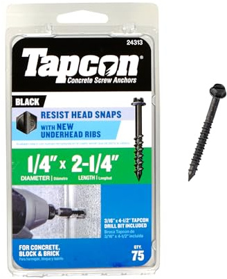 Tapcon 1/4 x 2-1/4 Inch Black Hex Head Concrete Anchors,75 PCS, Corrosion Resistant Climaseal™ Coating, Heavy-Duty Concrete and Masonry Screws, Superior Holding Strength, Drill Bit Included