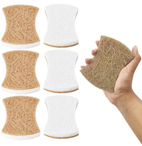 LYEGJT 6 Piezas esponjas fibra de coco, limpian rápidamente sin rayar, esponjas cocina de doble cara, para una limpieza duradera los platos, fáciles secar y reutilizables