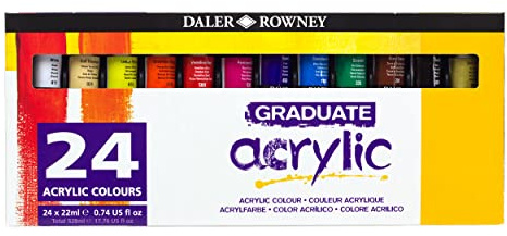 Daler-Rowney Graduate 22ml Acrylic Paint Set, 24 Assorted Colours, High Lightfastness, Water-Based, Solvent-Free, Ideal for Student Artists & Hobbyists