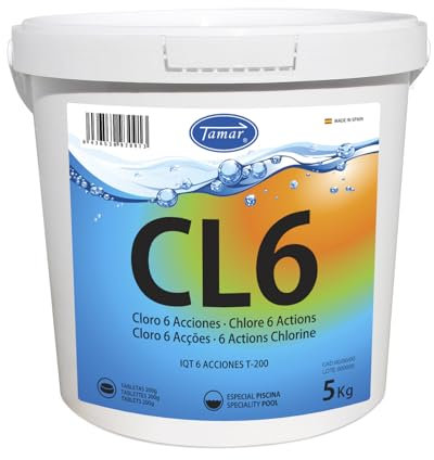 Tamar Cloro 6 Acciones, Tabletas Multifuncion de 200 grs, Pastillas disolución Lenta, Mantenimiento Agua Piscina, Efecto desinfectante,fungicida,clarificante,alguicida,regulador pH y antical 5 Kilos
