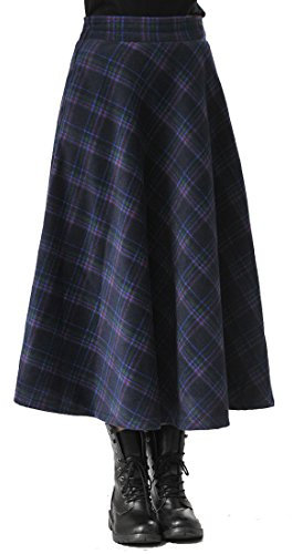 TEERFU Damen Vintage Winter Woll Herbst Tartan mit hoher Taille Flared röcke Lange Kleider