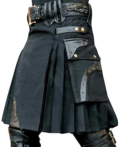 Herren Mode Schottischer Kilt - Traditioneller Männer Rock - Utility Klassischer Retro Mittelalterliche Schottland Faltenröcke 5XL Schwarz