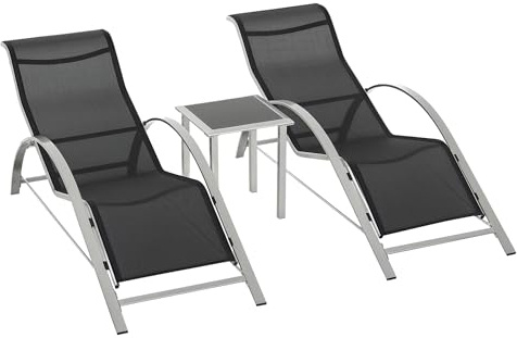 Outsunny Set 2 Sdraio da Giardino e Tavolino in Vetro, Lettino Prendisole con Tessuto Traspirante, 59x169x66cm, Nero Grigio