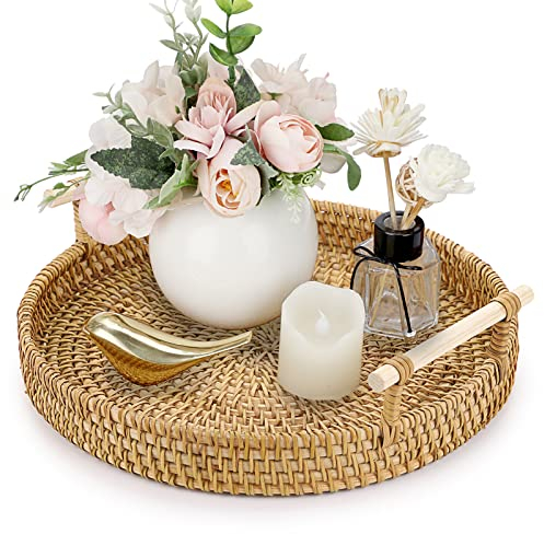 IGNPION Vassoio da portata rotondo in rattan intrecciato, 24,5 cm, vassoio decorativo con manico, vassoio organizer da scrivania per cassetto, bevande, colazione, tè, candele