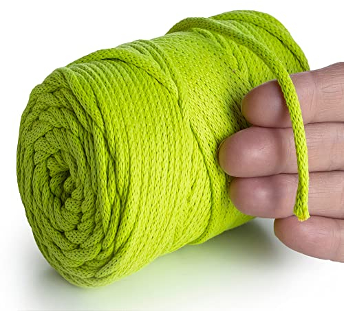 MeriWoolArt® Makramee Garn Neon Gelb 4 mm x 85 m Baumwollkordel, recyceltes weiches Baumwollgarn für das Stricken von Pflanzenhängern, Schmuckherstellung, Häkeltaschen