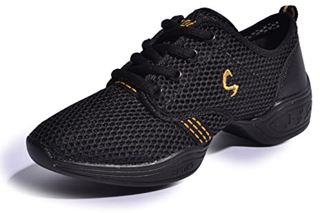 Kvinnors Dansskor Mjuk Yttersula Kvinna Mesh Andningsbar Jazz Hip Hop Sport Sneakers Damer Flicka Moderna Jazz Dansskor(39EU, Black Gold)