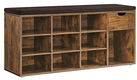VASAGLE Banc à Chaussures, Banc de Rangement, avec Tiroir et Compartiments, Étagère à Chaussures, Siège Rembourré, Couloir, Entrée, Chambre, 30 x 104 x 48 cm, Marron Rustique et Marron LHS024T01