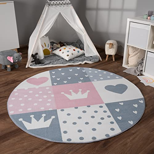 Paco Home Teppich Kinderzimmer Kinderteppich Spielteppich Kurzflor rutschfest Krone Herzen Punkte Sonne Regenbogen Buchstaben, Grösse:120 cm Rund, Farbe: Creme Rosa Grau
