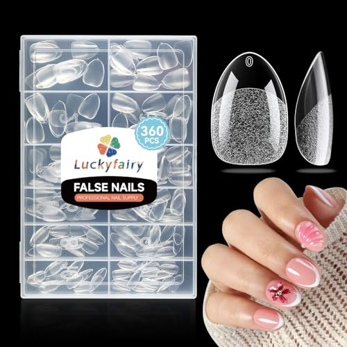 Luckyfairy Extra Short Almond Nail Tips, 360pcs Soft Gel Pre-Shaped Acrylic XS Fake Nails, Half Matte Full Cover Clear Press on Flase Nail Tips for Extension Manicure Home DIY 12 Sizes Gelly Tips