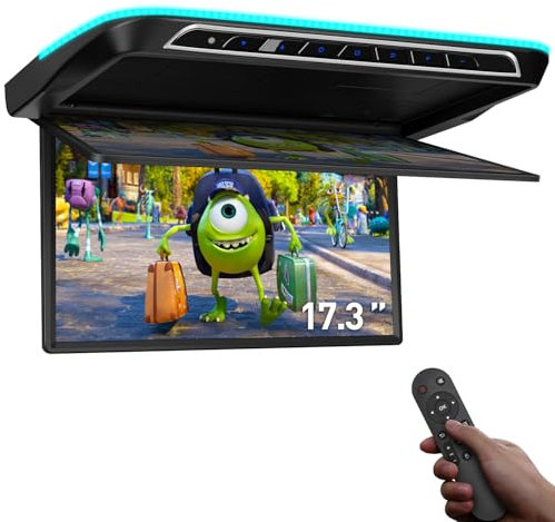 XTRONS 17.3 Inch Electric Motorized Flip-Down Android Car Overhead Video, 1080P FHD IPS Screen 8K Video Ceiling Mount, Octa-core Car Roof Multimedia Player, Built-in Speakers, Support HDMI/USB/AV/IR