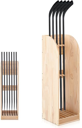 Cinnvoice 38 Inch Vertical Hockey Stick Rack Wooden Hold 7 Hockey Sticks Holder Stand Organizer for Players Display Home Garage Storage(Burlywood)