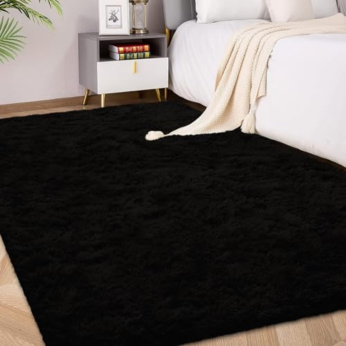 FVVRAX Tappeto Shaggy a pelo lungo 90x150 cm Nero | Tappeto extra morbido antiscivolo per soggiorno camera da letto | Confortevole tappeto per bambini e animali domestici