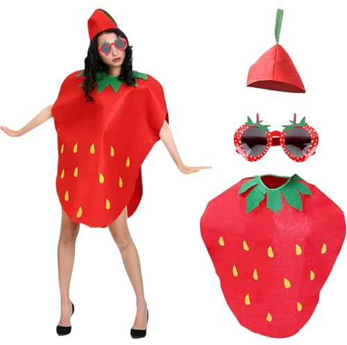 AYNKH 3 Pcs Strawberry Costume Ensemble pour Adultes, Chapeau, Robe et lunettes, Costume de Cosplay de Fruits Drôles avec Tête, Parfait pour Robe Fantaisie, Halloween, Fêtes à Thème