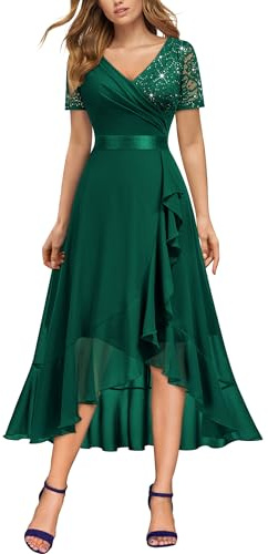 MIUSOL Women's Elegant V-Neck Lace Sequin Chiffon Wedding Guest Formal Evening Party Dress