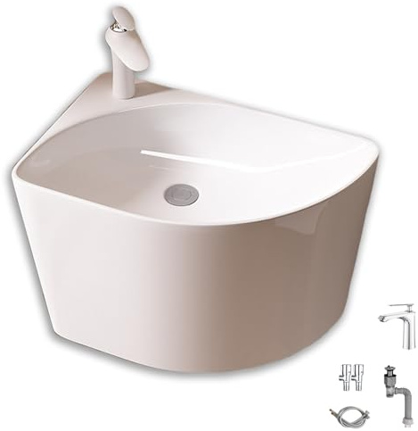 Lavabo de Cerámica de Esquina, Lavabo de Baño de Pared con Grifo, Lavabo Sobre Encimera para Lavadero, Balcones y Cuartos de Lavado