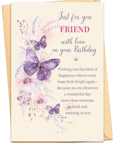 Mirelia Birthday Card for Friend, Watercolour Purple Butterfly Design, with Heartfelt Meaningful Wishes for Best Friend Female, 20.5 x 13.5 cm with Envelope.