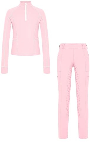 iiniim Girls Equestrian Shirt and Breeches Horse Riding Leggings Horseback Show Outfits for Outdoor Pink 5-6 Years